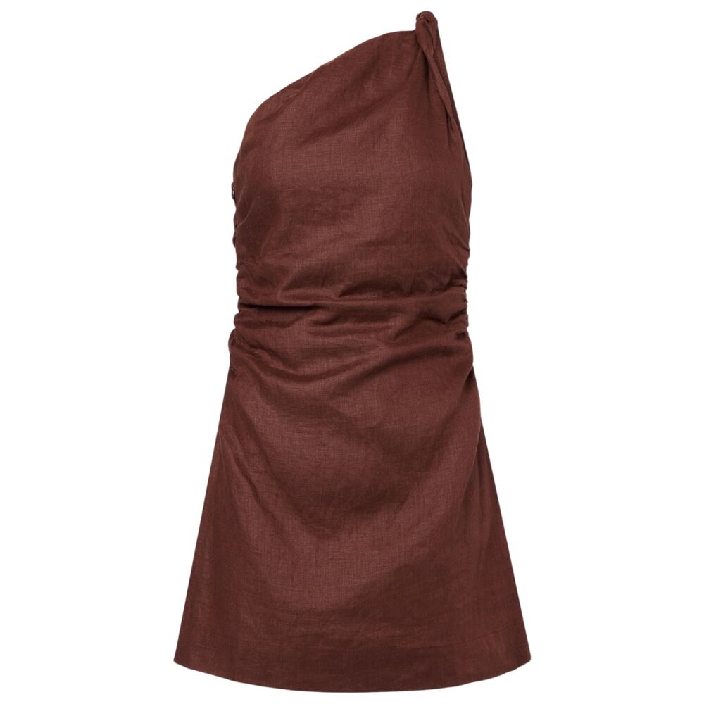 Faithfull One-Shoulder Linen Brown Marga Minidress Size 4